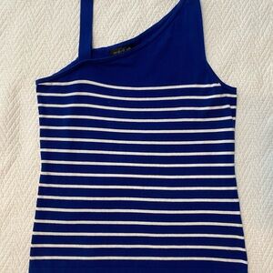 Stylish Blue and White Striped Asymmetrical Shoulder Top